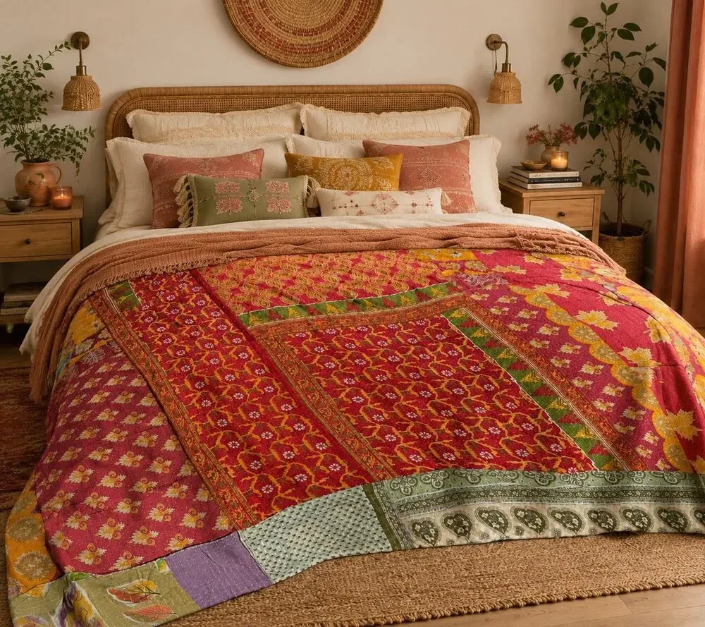 Bedding Handmade Floral Print King Size Bedspread Cotton Kantha Quilt 80 X102